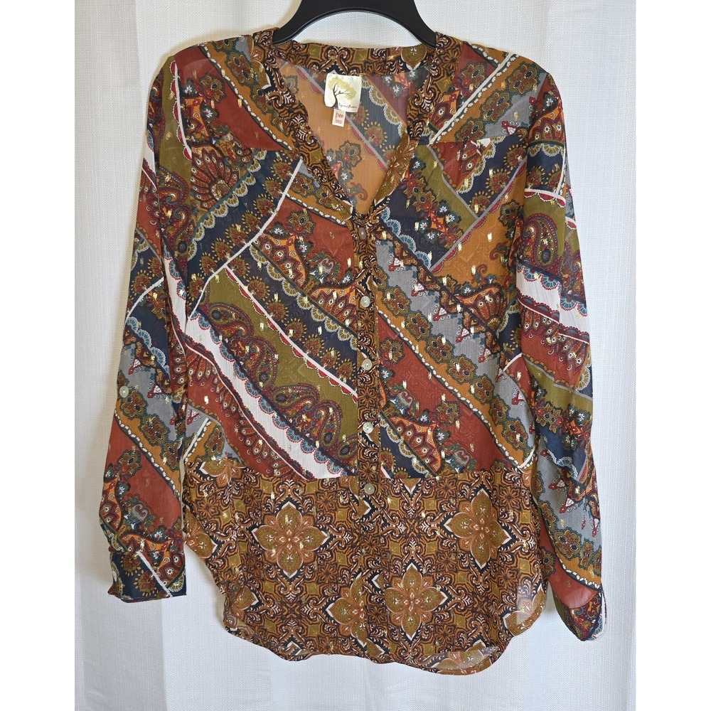 Fig & Flower Anthropologie Petite Med Brown Abstract Boho Patchwork Button‎ Down